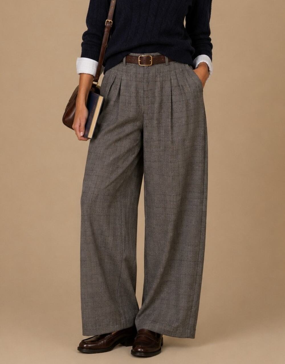 American Eagle Plaid Wide Leg Trousers Pants Size 6 Gray Academia Preppy Office